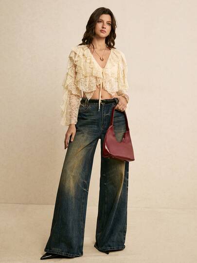 Poéselle Áo kiểu croptop ren xếp ly thắt nơ phía trước dành cho nữ – Màu trắng ngà, tay dài, phong cách boho lãng mạn cho phong cách cottagecore và hẹn hò. Áo kiểu ren xếp ly thắt nơ phía trước, áo ren màu trắng ngà, phong cách boho lãng mạn, cottagecore, áo ren cổ điển, áo croptop tay dài dành cho nữ, áo hẹn hò, áo kiểu ren xếp ly nhiều lớp tay dài thắt nơ phía trước, áo mùa hè, áo cho năm mới, kỳ nghỉ biển, ngày Valentine.