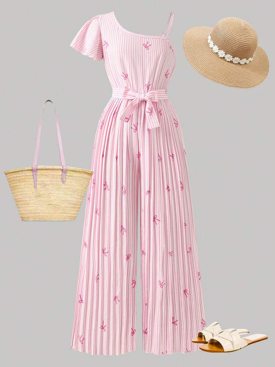 SHEIN ChillGRL Streecool Tween Girl Girls Casual Fashionable Everyday Ruffle Shoulder Bow Tie Waist Striped Jumpsuit, Spring/Summer - Pink - View 1