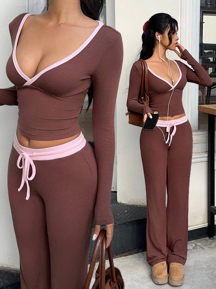 MainGRL 2pcs/Set Women Casual Deep V-Neck Long Sleeve T-Shirt And Drawstring Waist Flare Pants,Autume - Rust Brown - View 1