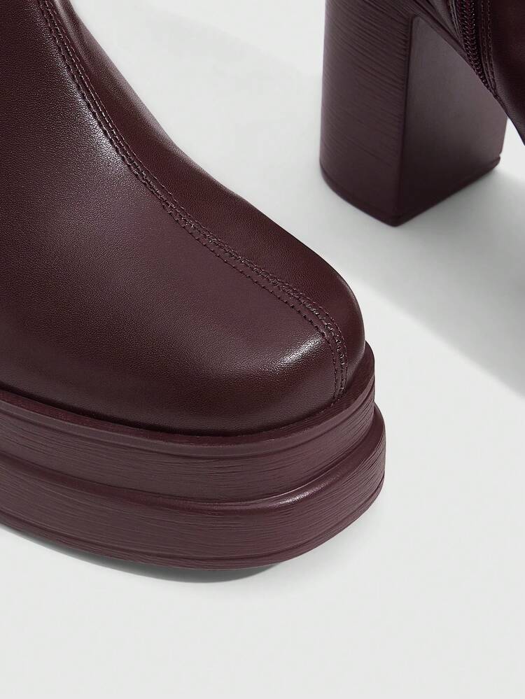CUCCOO SZL Women's Square Toe PU Leather Boots With Defined Sole, Red-Brown Color, Fashion Minimalist Design, Comfortable For Daily, Party, Nightclub, Side Zipper