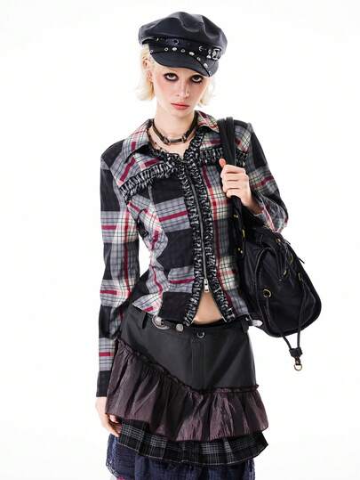 Bloopia 女士格子拼接荷叶边长袖休闲衬衫