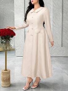 Feyla 1件女士优雅纯色纽扣设计长袖连衣裙 - 杏色 - 查看 5