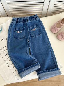 Genkimix Kids Quần jean denim cho bé gái (nhỏ), thời trang mới cá tính ngọt ngào cổ điển dễ thương thêu hoa nhiều màu, quần ống đứng rộng rãi màu xanh, quần denim ngày lễ giản dị phong cách ngọt ngào nữ tính - Màu xanh lam - Xem 1