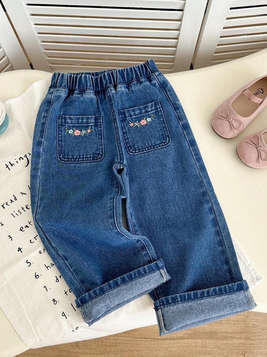 Genkimix Kids Quần jean denim cho bé gái (nhỏ), thời trang mới cá tính ngọt ngào cổ điển dễ thương thêu hoa nhiều màu, quần ống đứng rộng rãi màu xanh, quần denim ngày lễ giản dị phong cách ngọt ngào nữ tính - Màu xanh lam - Xem 1