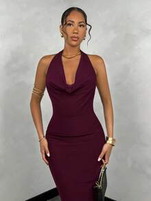 SHEIN BAE Đầm dự tiệc sang trọng cổ khoét sâu phối lưới màu trơn dành cho nữ, Đầm dài phong cách nghỉ dưỡng - Màu Tím - Xem 4