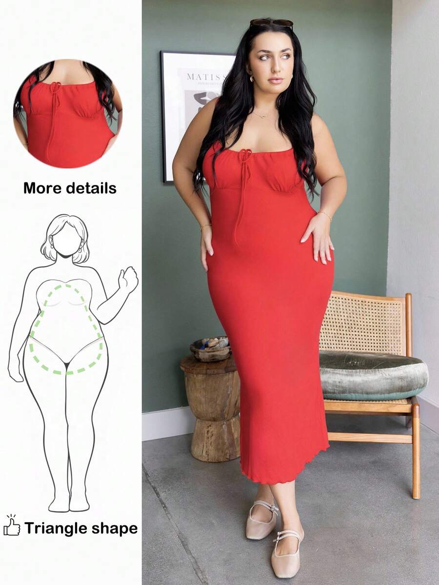 Truni Plus Size Women Solid Color Front Tie Bodycon Elegant Fashionable Cami Dress, For Summer - Red - View 1