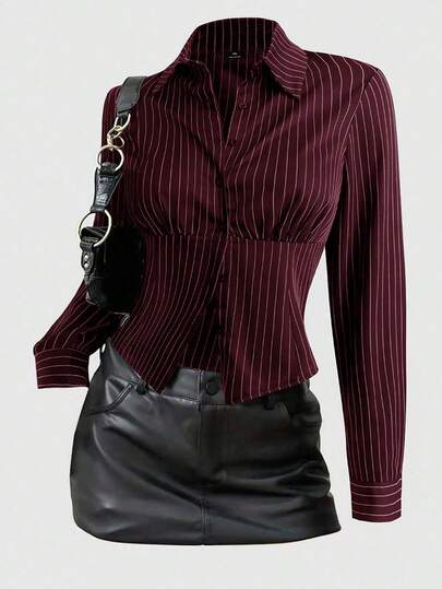 Sunspun Plus Size Fashion Color Block Textured Button Fitted Waist Striped Collar Long Sleeve Women Shirt, Autumn