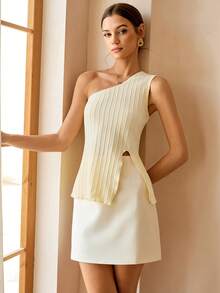 Lymera新款女士时尚百搭简约优雅纹理罗纹面料不对称下摆露背吊带背心，柔和浅黄色 - 黃色 - 查看 7