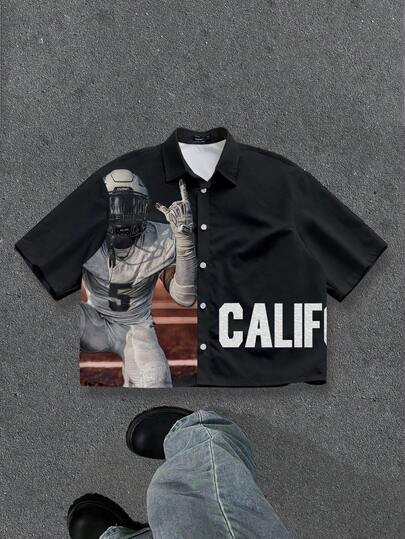 Manfinity ZONE917 Men's Casual Fashionable Street Olive Football Player California Letter Print Short Sleeve Shirt, Summer