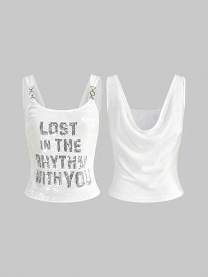 J-Fashion Top da donna sexy senza schienale decorato con paillettes