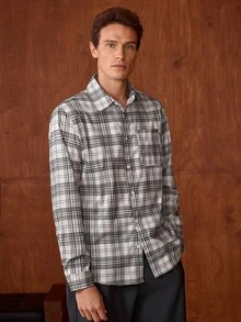 Officeau 男士休闲格子拼接口袋宽松长袖衬衫，适合秋冬季节穿着。 - 彩色 - 查看 5