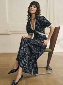 Cévolie Women's Sexy V-Neck Black & White Polka Dot Lace Collar Puff Sleeve Mini Dress - Multicolor - View 6