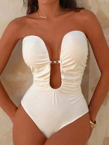 Swim Chiccia 女士纯色深V领褶皱珍珠装饰连体泳衣，春夏款 - 白色 - 查看 6