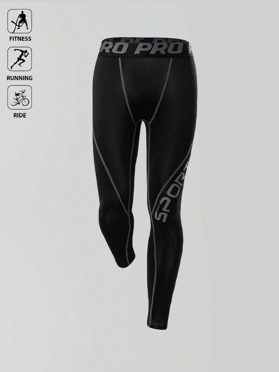 Acti Log Boyfriend Style Men Reflective Letter Graphic Topstitching Sports Tights Breathable Sweat-Wicking 4-Way Stretch Material Minimalist Design Baggy For Gym Compression Sports Tights - Black - View 1