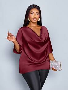 SOLERSUN Christmas Plus Size Women's Fashionable Solid Color Elegant Cowl Neck Stylish And Sophisticated Batwing Sleeve Blouse Summer Fall,Winter,Burgundy Women Blouse