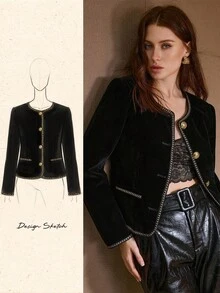 MOTF PREMIUM VELVET CONTRAST BINDING JACKET , FALL WINTER - Black - View 1