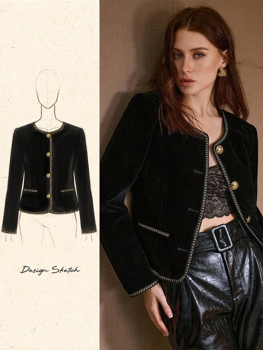 MOTF PREMIUM VELVET CONTRAST BINDING JACKET , FALL WINTER - Black - View 1