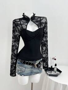 Elamini Women's Summer Elegant Blouse With Stand-Up Collar, Slim-Fitting & Lace Cutout Paneled – Ideal For New Year Party - Black - View 5