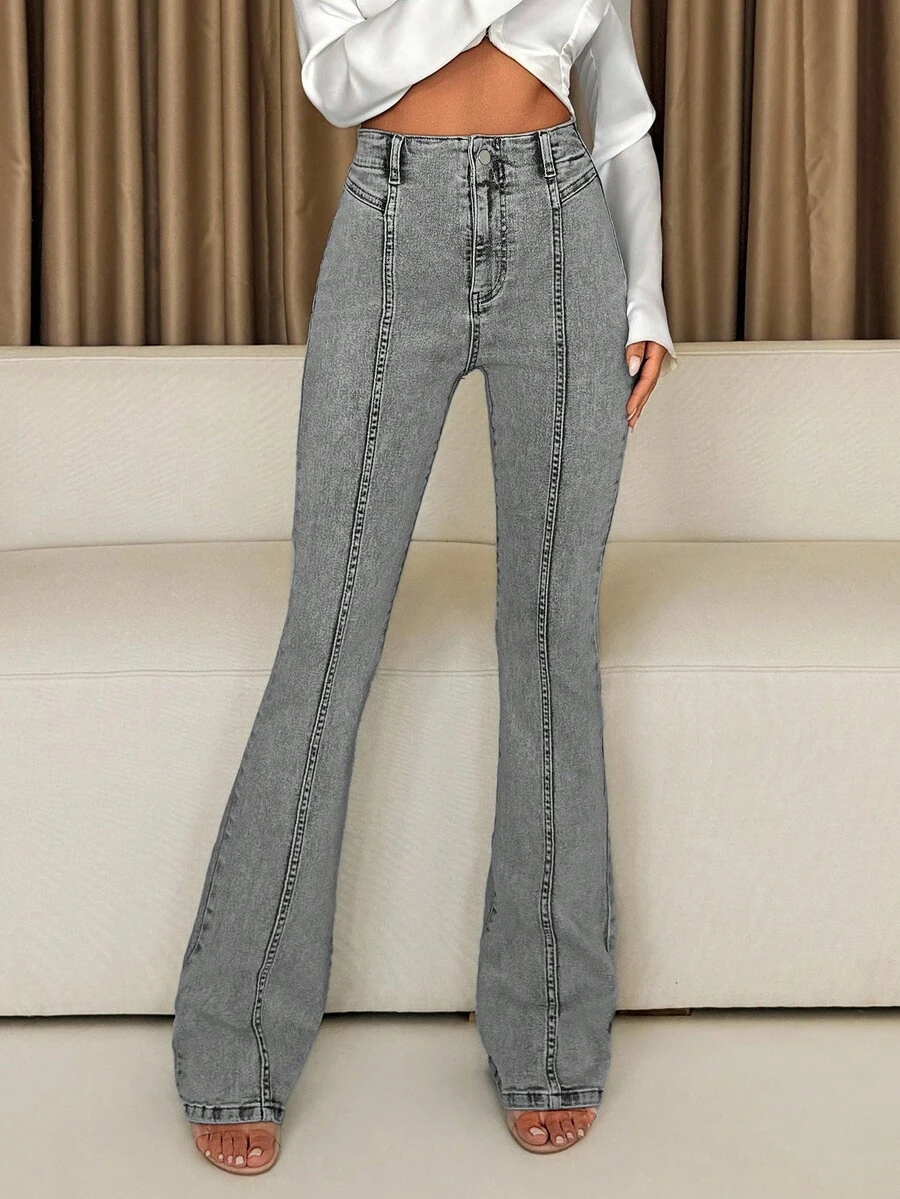 Quần jeans ống loe cạp cao, đường may phía trước, thời trang dạo phố, thường ngày dành cho nữ - Xám - Xem 1