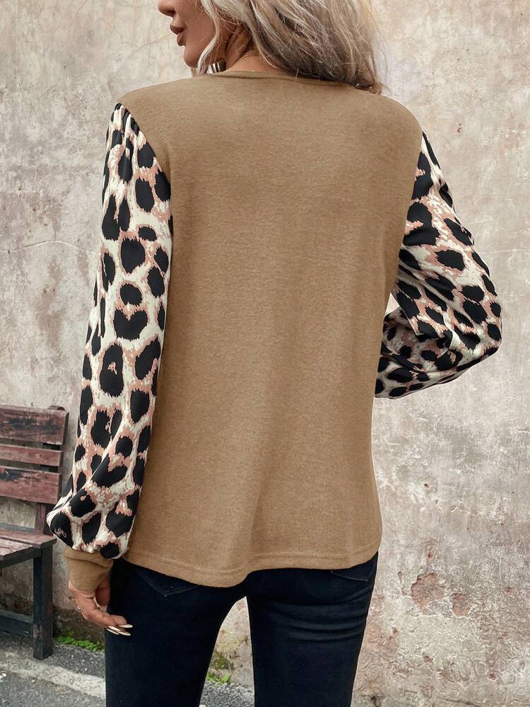 Plus Size Women's Casual Vacation Style Patchwork Leopard Print Lantern Sleeve T-Shirt, Spring/Autumn New Year Christmas For Women Women Long Sleeve Top Animal Print Top Fall Top Women Cheetah Print Top