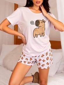 Bộ đồ ngủ gồm áo phông và quần short in hình hoạt hình. - Bụi hồng - Xem 5