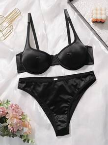 SHEIN 2pcs/Set Simple Solid Color Bra Set With Wire Black Bra And Panty Set - Black - View 5