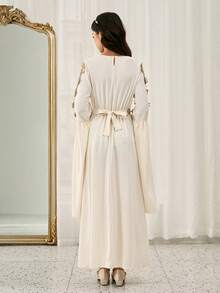 Teenage Long Dress With Middle Eastern Style Gold Trim Maxi Robe, Beige Outerwear - Beige - View 2