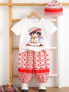 SHEIN Festival 2pcs/Set Young Boy Graphic Print T-Shirt And Geometric Pattern Pants With Hat, White Round Neck Boy Portrait Print Pants