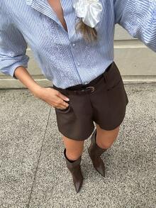 SHEIN Frenchy Quần short ống rộng dáng rộng có túi màu trơn dành cho nữ - màu nâu - Xem 5