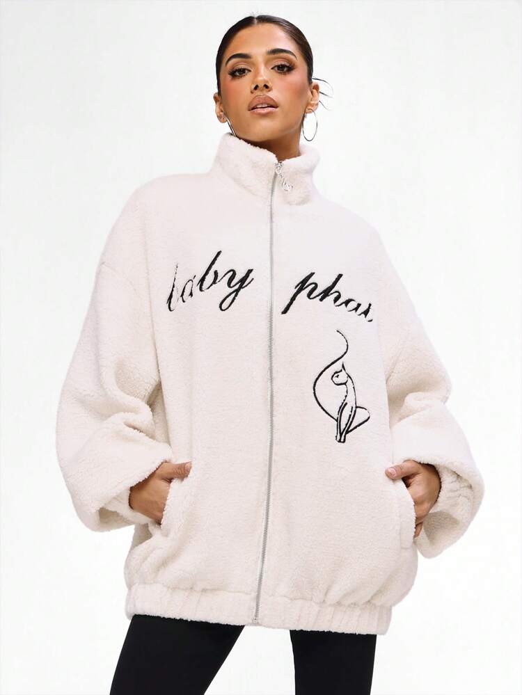BABYPHAT シェルパフリース フルジップスウェットシャツ、スクリプトテキストプリントとフィギュアグラフィック、オーバーサイズ 冬用プルオーバー