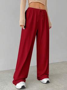 SHEIN Tall Soft White Knitted Home Baggy Pants, Loose Pant Wide Pants Elastic Waist Pants - Burgundy - View 8