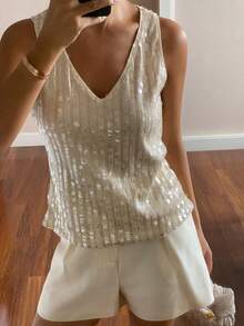 Livesso 闪亮亮片吊带背心，时尚派对吊带背心，适合新年、圣诞节、婚礼、宴会、舞会、秋冬季闪亮上衣 - 香檳色 - 查看 2