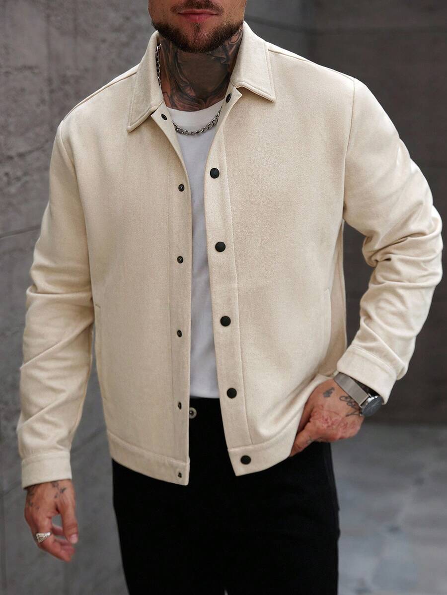 Manfinity Homme Giacca casual a maniche lunghe con bottoni sul davanti, tinta unita, colore crema, taglie comode per uomo - Albicocca - Visualizzare 1