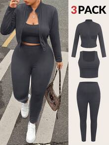 SHEIN EZwear 3pcs Plus Size Dark Grey Vest, Jacket And Elastic Lightweight Yoga Pants Set - Dark Grey - View 1