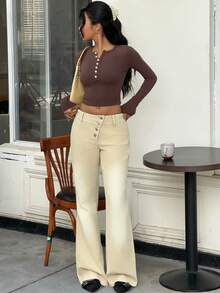 SHEIN EZwear Women's Casual Washed Flared Leg Corduroy Low Waist Pants With Front Button, Autumn/Winter,Street Wear - Khaki - View 5