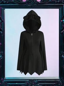 Fantasy Costume Fantasy Costume Trang phục cosplay dơi dành cho nữ có mũ trùm đầu, cánh, tay dài, viền lông, khóa kéo, dễ thương và hài hước, dành cho tiệc tùng, lễ hội âm nhạc - màu đen - Xem 4