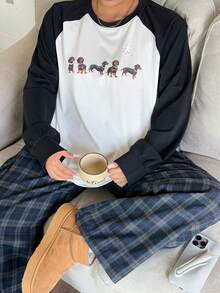 Dazy Plus 时尚撞色卡通狗印花宽松街头风长袖加大码女式T恤，春秋季 - 黑與白 - 查看 6