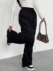 Sparklyn Pantalones cargo deportivos con pliegues, estilo callejero casual estadounidense para niña adolescente, Tro largo - Negro - Ver 3