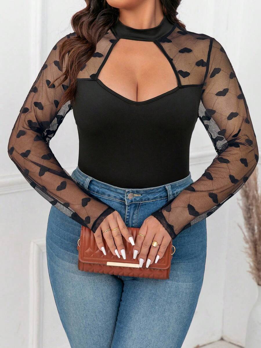 EMERY ROSE Body de encaje y malla con parches, de punto suave y cuello alto, adecuado para fiestas, reuniones y salidas, talla grande - Negro - Ver 1