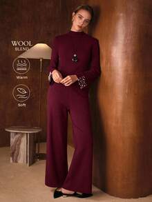 MOTF PREMIUM 2PCS ELEGANT FITTED SWEATER WITH PEARL CUFF DECOR & WIDE LEG KNIT PANTS, AUTUMN/WINTER - Burgundy - View 2