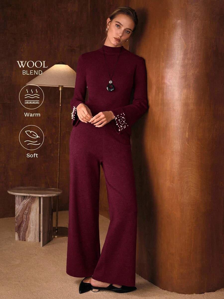 MOTF PREMIUM 2PCS ELEGANT FITTED SWEATER WITH PEARL CUFF DECOR & WIDE LEG KNIT PANTS, AUTUMN/WINTER - Burgundy - View 2