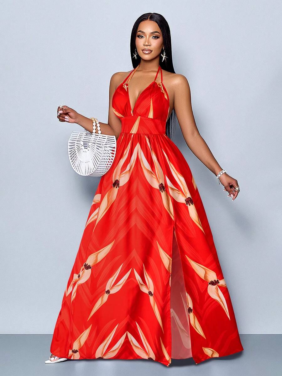 SOLERSUN 女士休闲假日深V领露背褶皱开衩大腿植物印花长裙 - 紅色 - 查看 1
