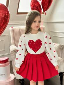 Elladie kids 2pcs/Set Young Girl Spring Autumn Heart Print Long Sleeve Sweatshirt & Pleated Skirt Set, Red Fashionable Outfit For 7th Birthday Valentine's Day - Red - View 6