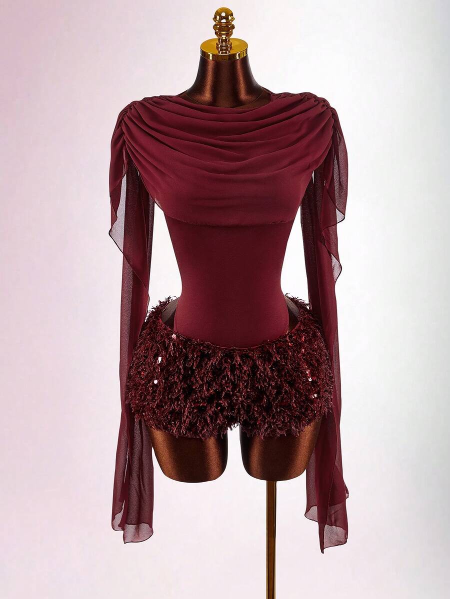 Amplova 女士纯色荷叶边连体裤和亮片短裤魅力两件套 - 酒紅色 - 查看 1