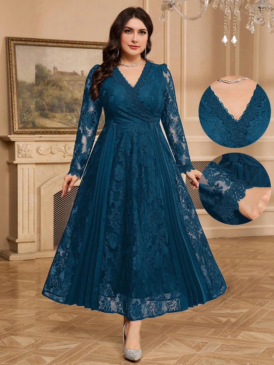 Modelyn Plus Size Solid Color Lace Patchwork V-Neck Elegant Long Sleeve Dress Fall - Teal Blue - View 1