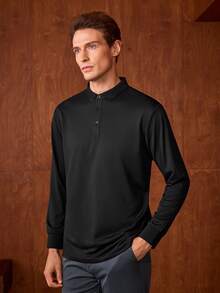 Officeau Áo Polo dài tay nam, kiểu dáng thường ngày, nhẹ nhàng, màu trơn, đơn giản, phong cách công sở, thích hợp cho mùa thu/đông, xuân/hè. - màu đen - Xem 6