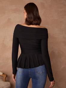2026 Blusa de mujer de unicolor con hombros descubiertos, manga larga, volantes cruzados y bajo con volantes - Negro - Ver 7