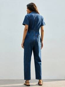 Maija 女士纯色休闲短袖牛仔连体裤 - 中等水洗藍 - 查看 5