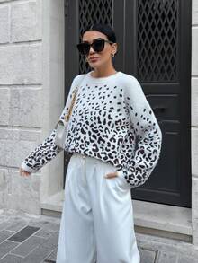 SHEIN Cottnline Moher Yarn Pullover Leopard Pattern Pullover Fall Winter - Army Green - View 3