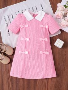 Đầm hồng đính nơ cổ cho bé gái, thích hợp mặc ngoài trời thanh lịch, giản dị, mùa xuân/hè - Hồng - Xem 3